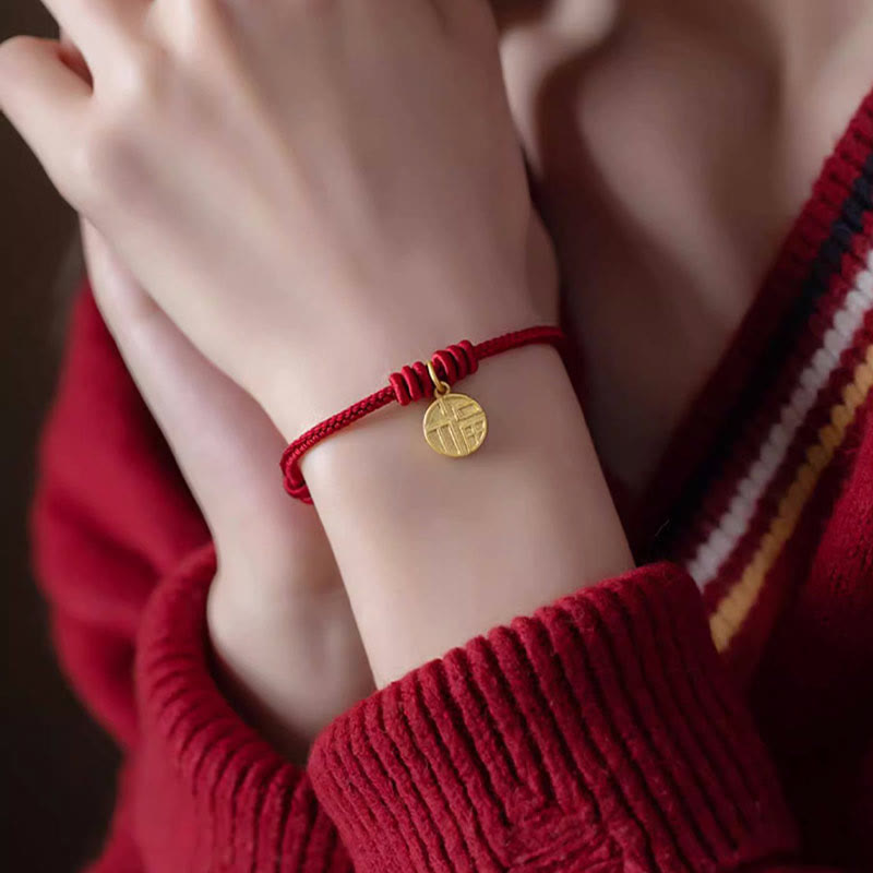 Nimara Ritual Handmade Eight Thread Peace Knot Fu Character Charm Luck Happiness Red Rope Bracelet