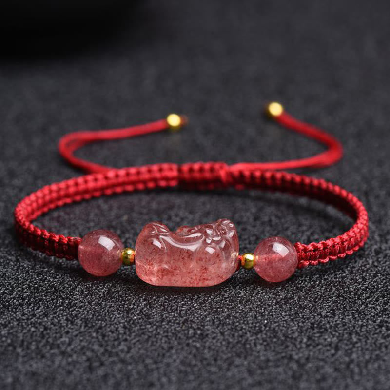 Nimara Ritual Natural Strawberry Quartz PiXiu Lucky Red String Bracelet