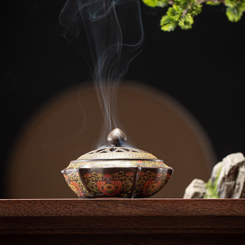 Nimara Ritual Tibetan Floral Pattern Ceramic Blessing Incense Burner Decoration