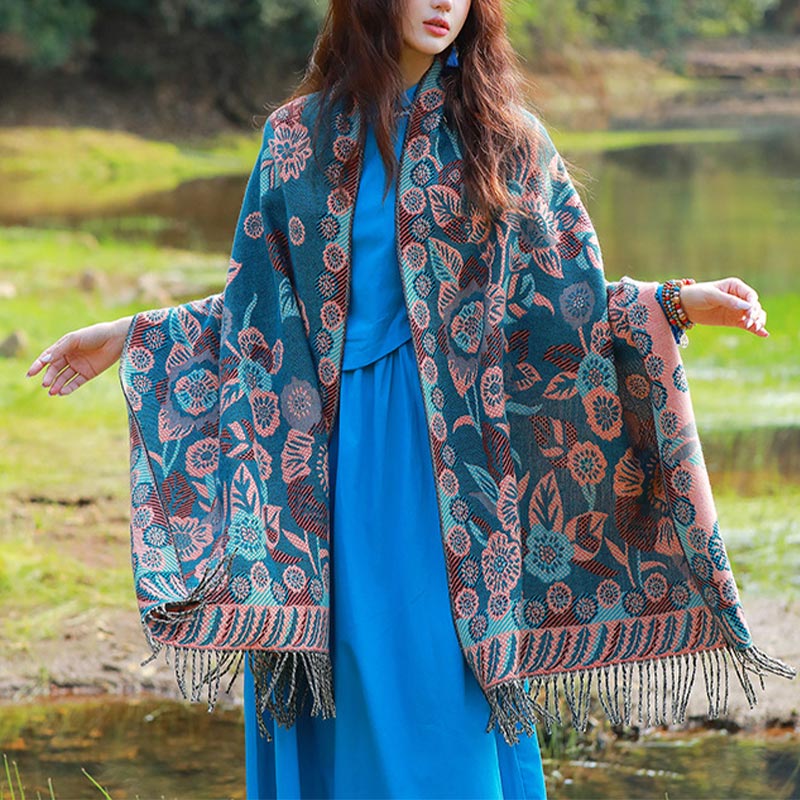Nimara Ritual Tibetan Flower Floral Leaves Pattern Design Shawl Cozy Travel Scarf Wrap