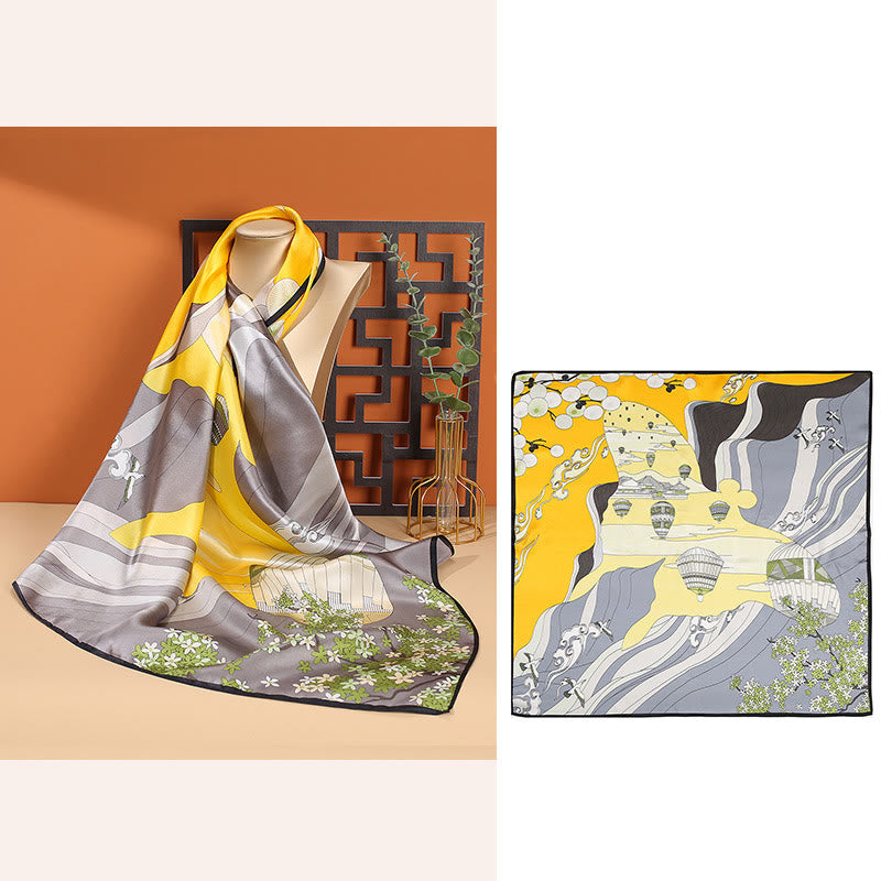 Nimara Ritual Pastoral Scene Hot Air Balloon Spring Blossom 100% Mulberry Silk Neck Hair Scarf