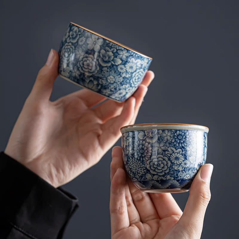 Nimara Ritual Blue Lotus Peach Blossom Chrysanthemum Design Ceramic Teacup Kung Fu Tea Cups