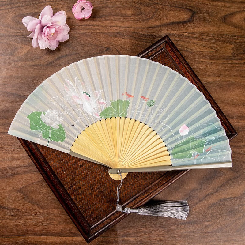 Nimara Ritual Jasmine Lotus Begonia Flowers Handheld Bamboo Folding Fan