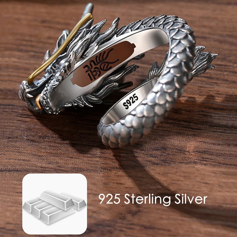 Nimara Ritual 925 Sterling Silver Vintage Dragon Design Protection Strength Adjustable Ring