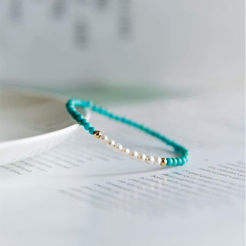 Nimara Ritual 925 Sterling Silver Natural Turquoise Pearl Beaded Bracelet