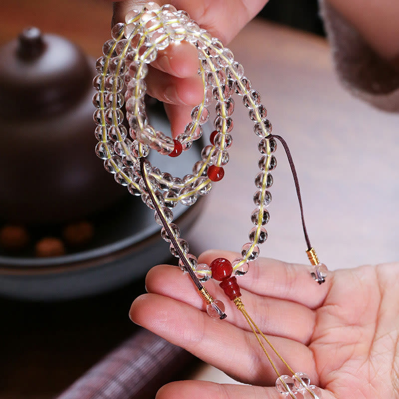 Nimara Ritual 108 Mala Beads 925 Sterling Silver Natural White Agate Red Agate Quadruple Wrap Protection Bracelet