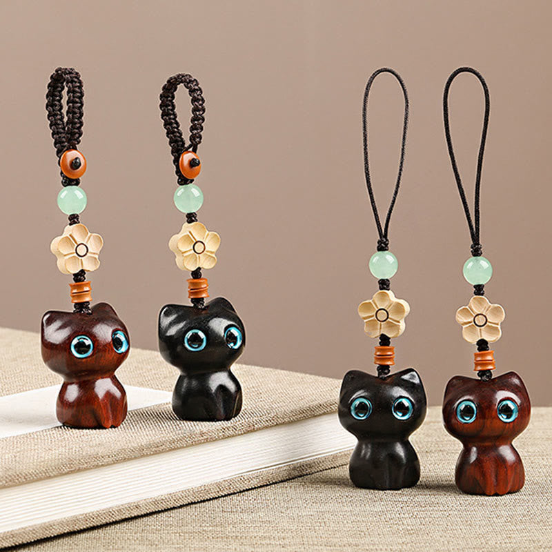 Nimara Ritual Mini Small Leaf Red Sandalwood Ebony Wood Lucky Cat Lovely Kitty Peace Key Chain Phone Hanging Decoration
