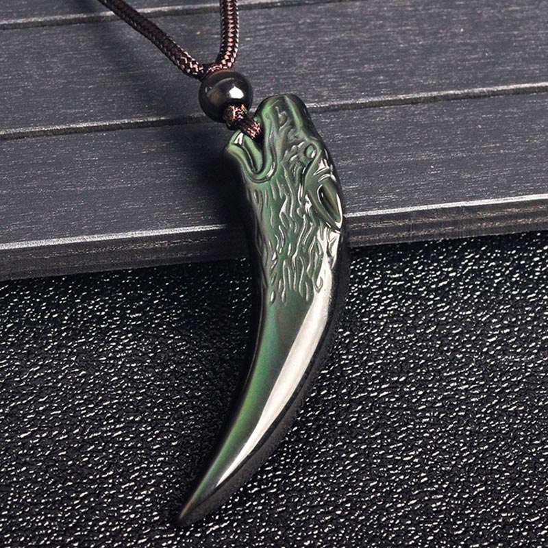 Nimara Ritual Natural Black Obsidian Ice Obsidian Rainbow Obsidian Wolf Tooth Pattern Strength Necklace Pendant