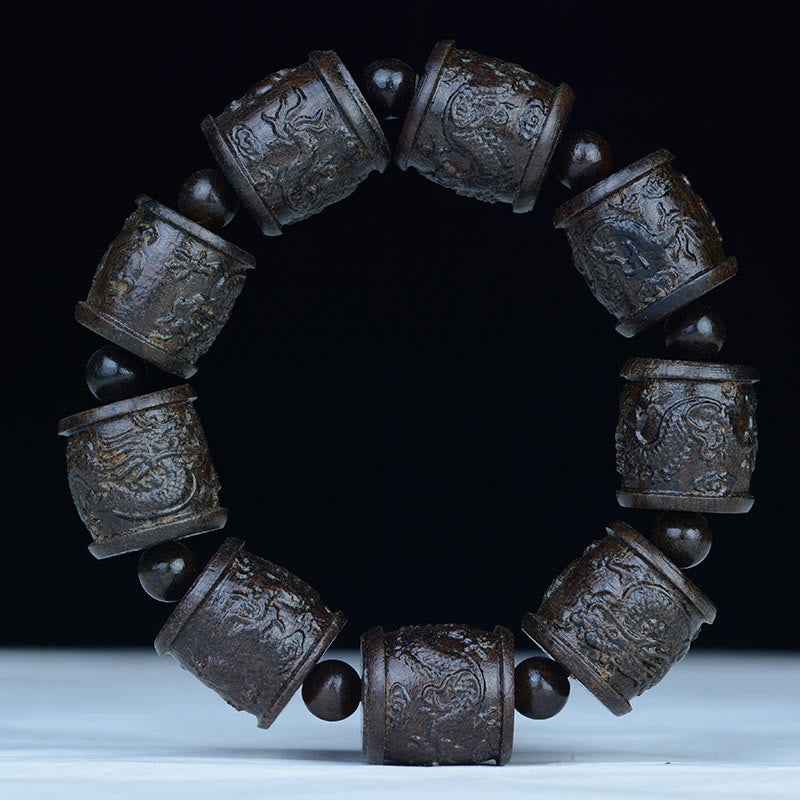 Nimara Ritual Ebony Wood Eighteen Arhats Lotus Dragon Engraved Balance Bracelet