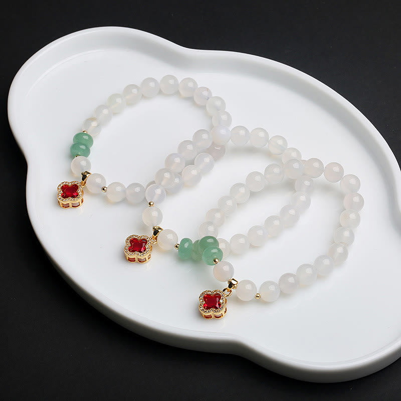 Nimara Ritual Natural White Agate Red Agate Money Bag Fu Character Four Leaf Clover Protection Bracelet