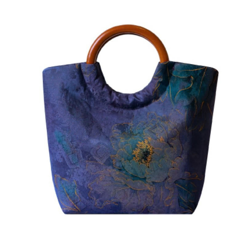 Nimara Ritual Peony Flower Bamboo Leaves Bird Solid Wood Handle Handbag