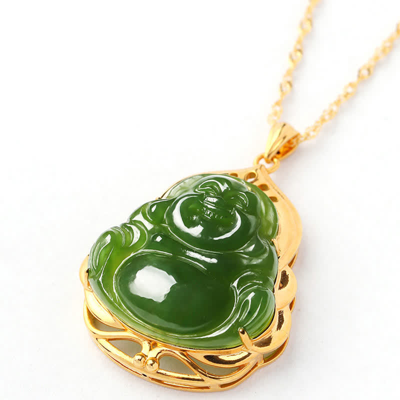 Nimara Ritual 925 Sterling Silver Natural Hetian Cyan Jade Laughing Buddha 18K Gold Healing Necklace Chain Pendant