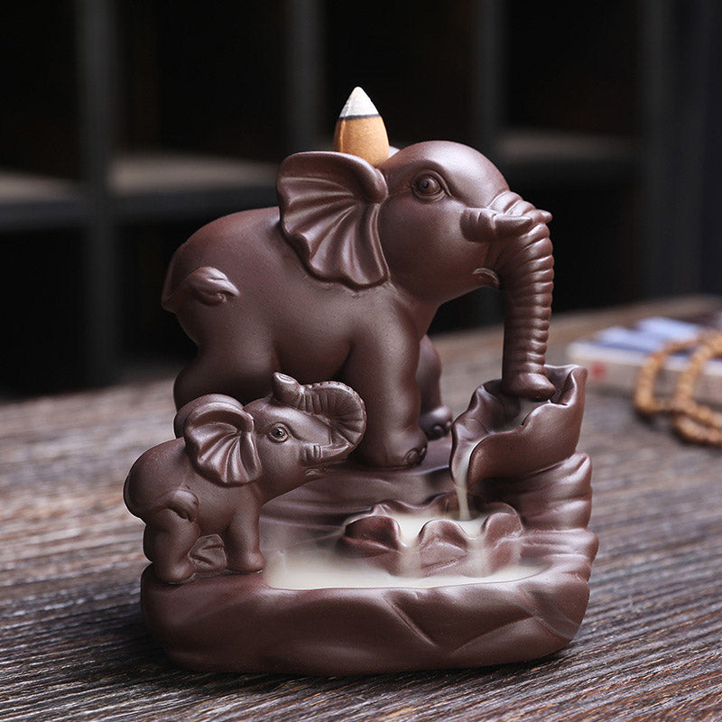 Nimara Ritual Tibetan Elephant Purple Clay Backflow Smoke Fountain Protection Incense Burner Decoration