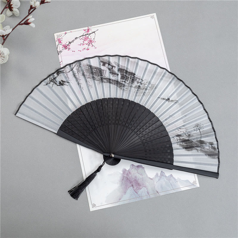 Nimara Ritual Mountains Plum Blossom Lotus Magpie Bamboo Leaves Handheld Silk Bamboo Folding Fan 22.5cm
