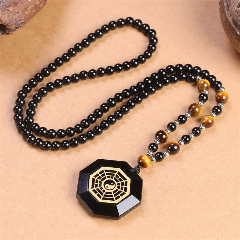 Nimara Ritual Bagua Yin Yang Black Obsidian Purification Beaded Necklace Pendant