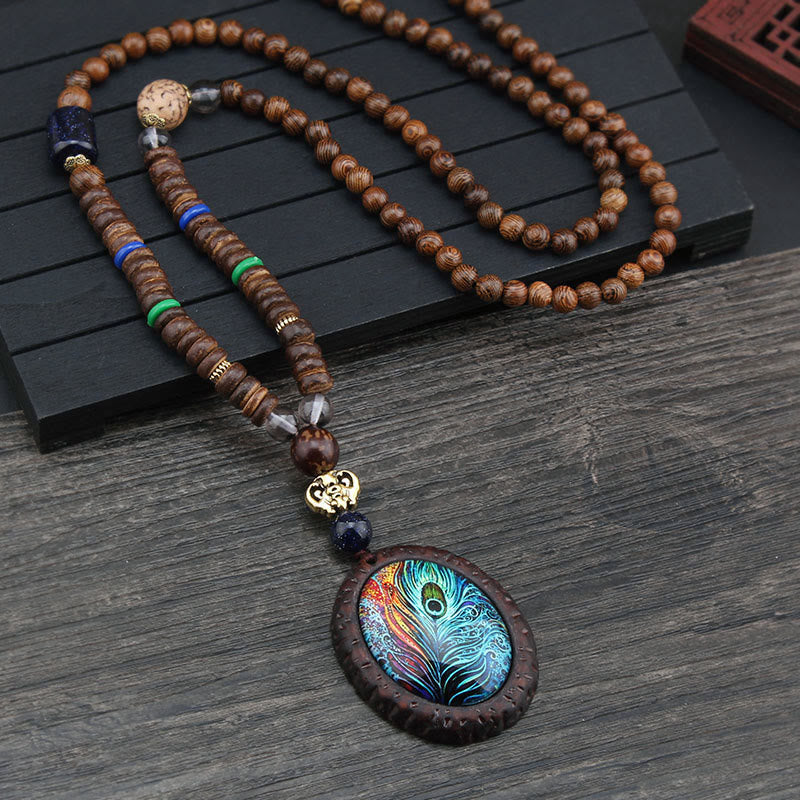 Nimara Ritual Tibetan Wenge Wood Bodhi Seed Agate Elephant Protection Necklace Pendant