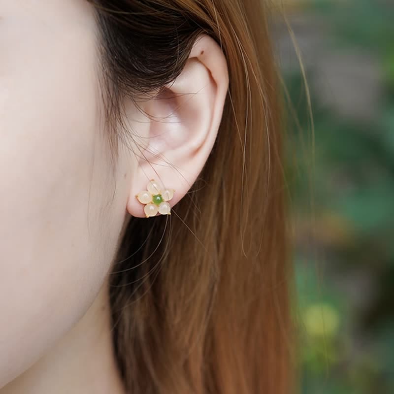Release Negativity White Jade Flower Blessing Stud Earrings