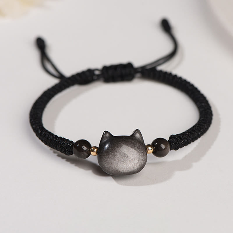 Nimara Ritual Handmade Natural Silver Sheen Obsidian Strawberry Quartz Cute Cat Protection Braided Bracelet