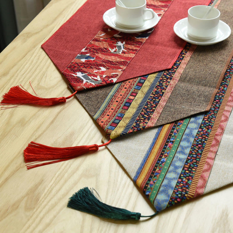 Nimara Ritual Classic Chinese Style Lotus Koi Fish Flower Crane Calligraphy Enlightenment Cotton Linen Tassels Table Runner