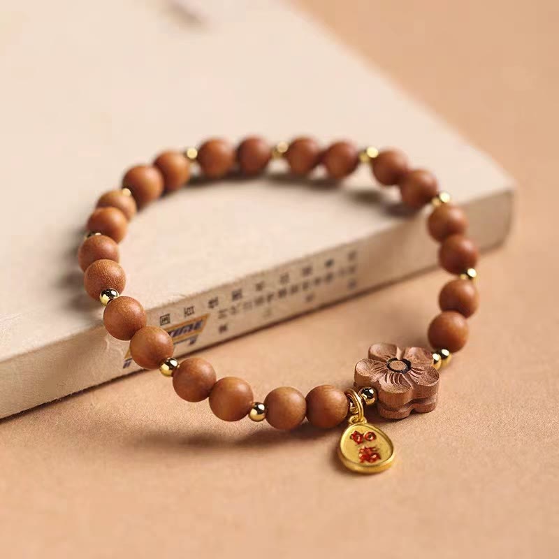 Nimara Ritual Natural Sandalwood Peach Blossom Small Leaf Red Sandalwood Ruyi Charm Protection Bracelet