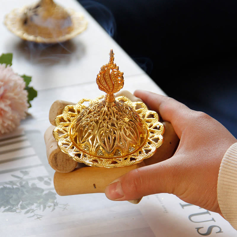 Nimara Ritual Gold Alloy Healing Mini Incense Burner With Wooden Coaster Home Decor