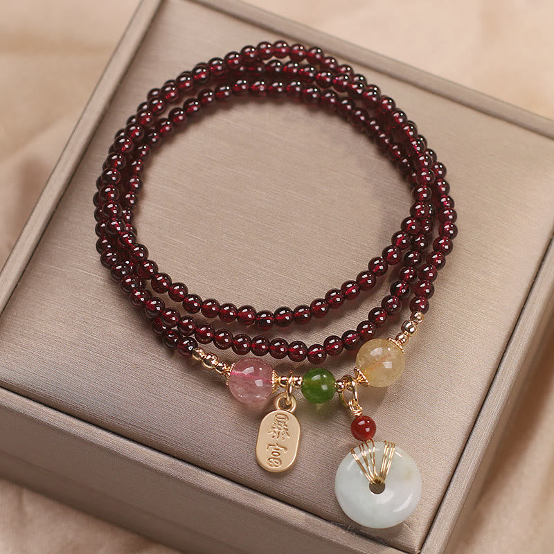 Nimara Ritual Natural Garnet Strawberry Quartz Crystal Fox Koi Fish Peace Buckle Fortune Protection Triple Wrap Bracelet