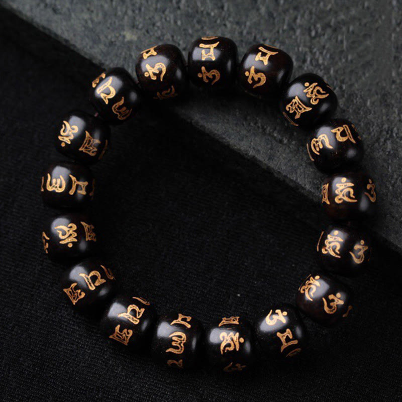 Nimara Ritual Tibetan Ebony Wood Om Mani Padme Hum Engraved Peace Bracelet