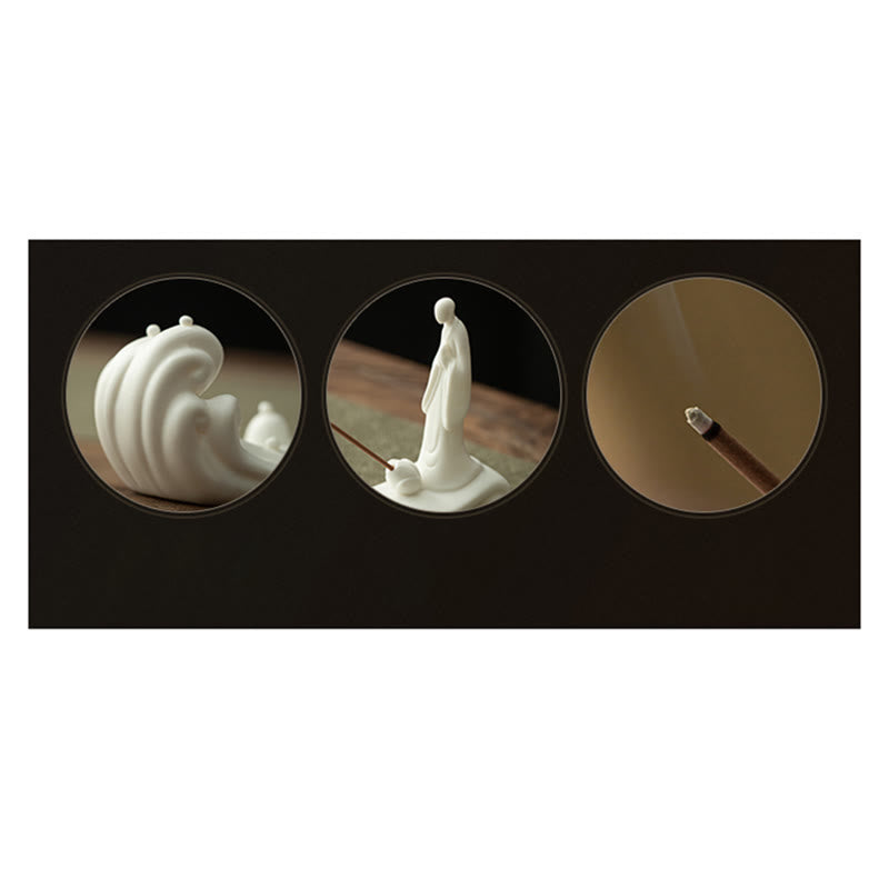 Nimara Ritual Buddha Monk Ceramic Sea Wave Mountain Blessing Incense Burner Decoration