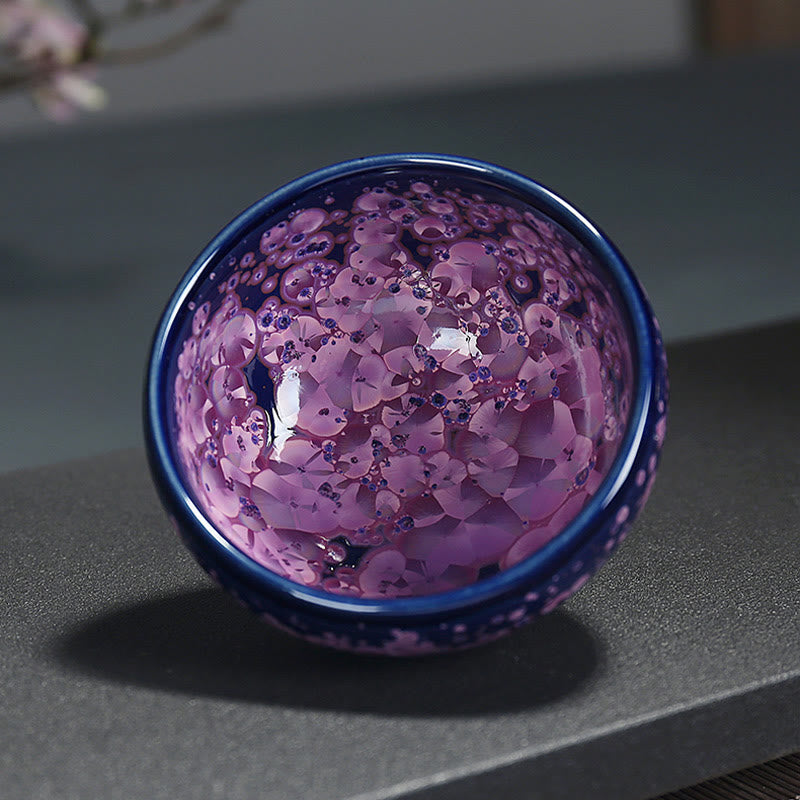 Nimara Ritual Colorful Iris Flowers Chinese Jianzhan Kiln Change Porcelain Teacup Tenmoku Kung Fu Tea Cup