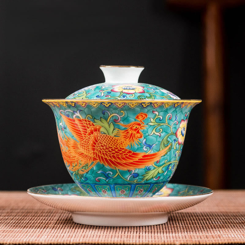 Nimara Ritual Dragon Phoenix Flower Design Ceramic Gaiwan Sancai Teacup Kung Fu Tea Cup And Saucer With Lid