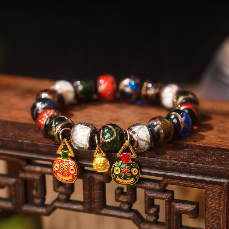 Nimara Ritual Five Elements Gold Swallowing Beast Family Charm Liuli Glass Bead Luck Bracelet