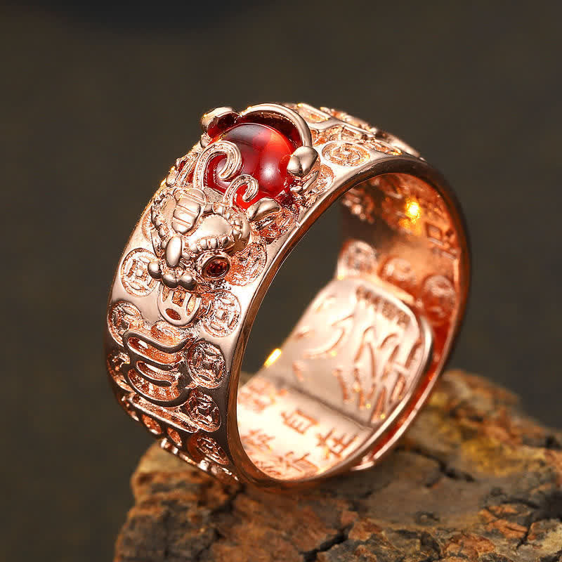Nimara Ritual FengShui PiXiu Red Garnet Heart Sutra Wealth Ring