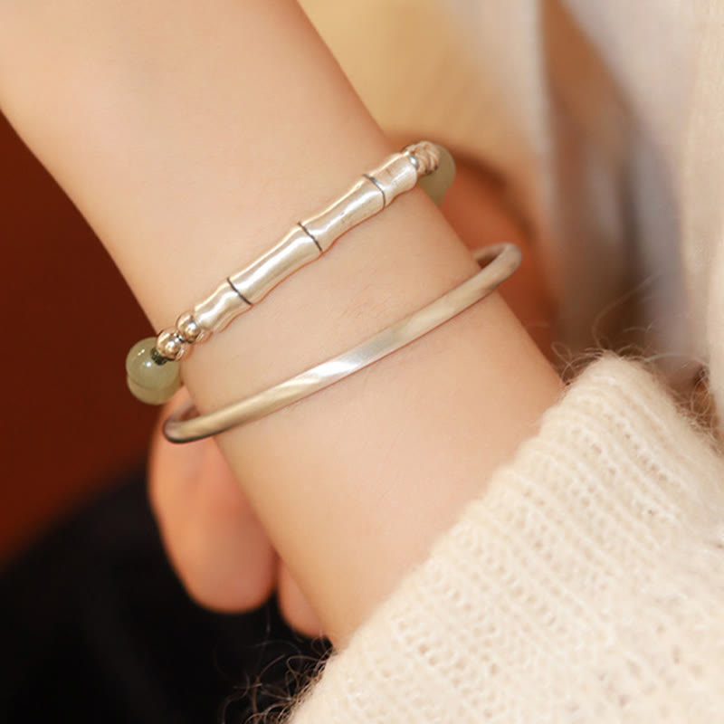 Nimara Ritual 925 Sterling Silver Natural Jade Fu Character Bamboo Abundance Bracelet
