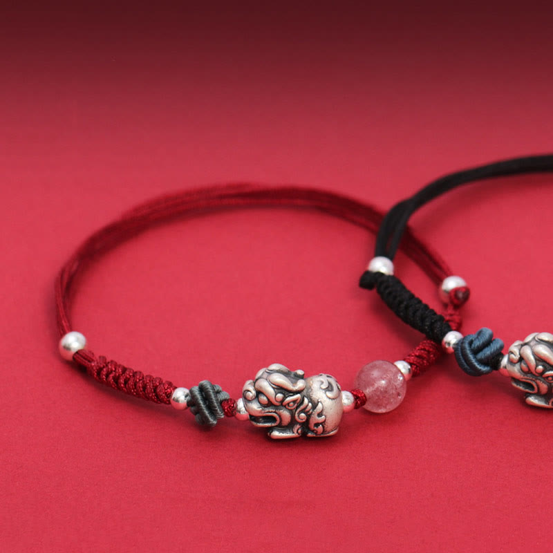 Nimara Ritual 999 Sterling Silver PiXiu Strawberry Quartz Bead Wealth Luck Braided Bracelet