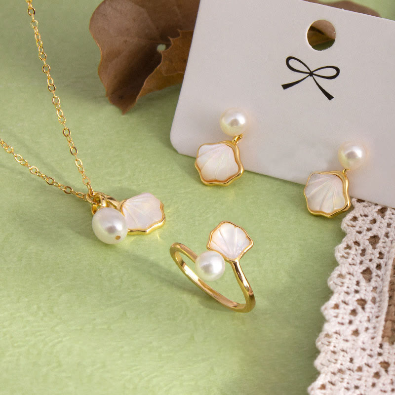 Nimara Ritual Ginkgo Tridacna Stone Pearl Bead Copper Blessing Necklace Pendant Ring Earrings Set