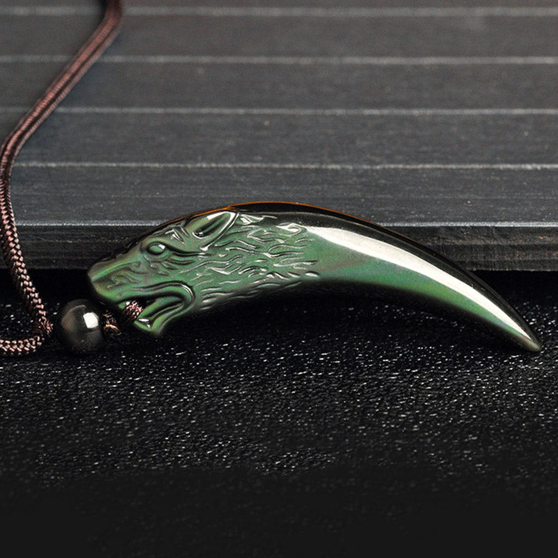 Nimara Ritual Natural Black Obsidian Ice Obsidian Rainbow Obsidian Wolf Tooth Pattern Strength Necklace Pendant