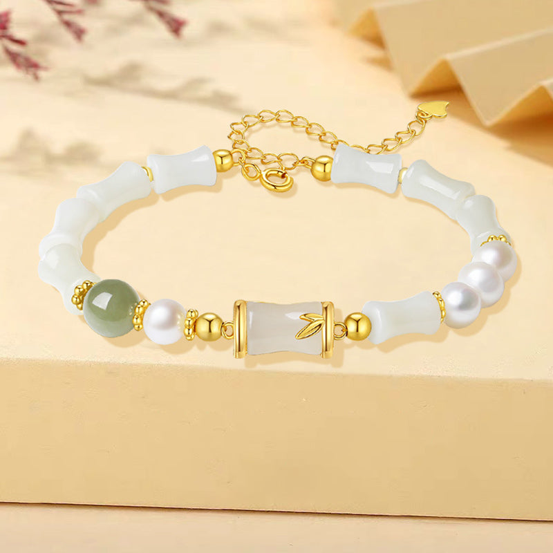 Nimara Ritual 925 Sterling Silver Natural Hetian White Jade Bamboo Luck Blessing Bracelet