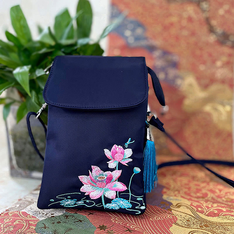 Nimara Ritual Waterproof Handmade Embroidered Lotus Flowers Crossbody Bag Shoulder Bag Cellphone Bag