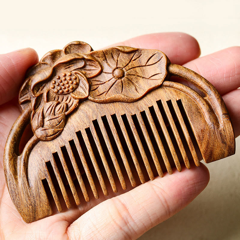 Nimara Ritual Natural Green Sandalwood Lotus Flower Leaf Engraved Soothing Comb