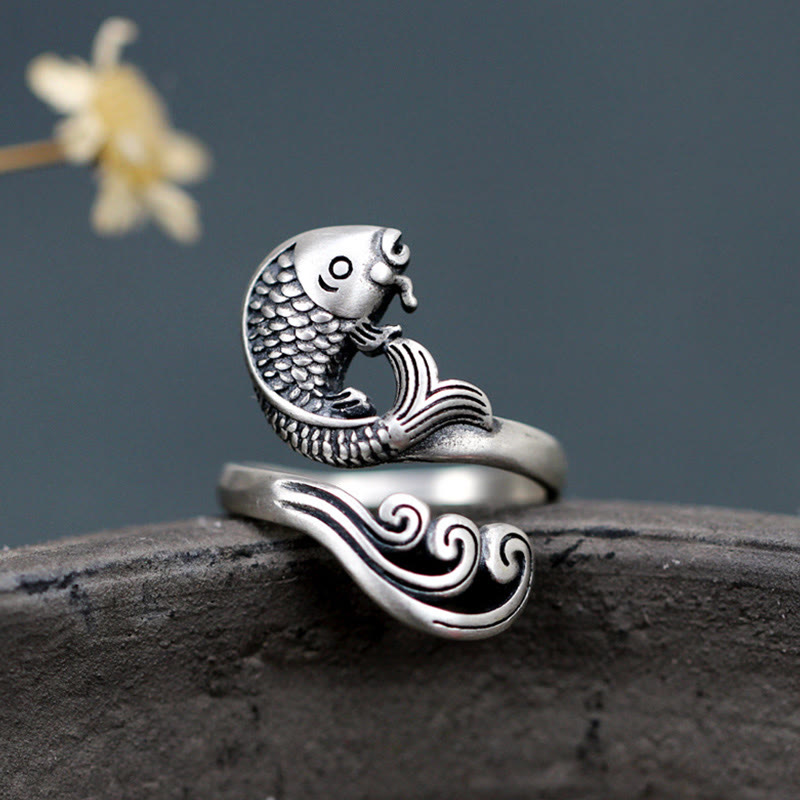 Nimara Ritual 925 Sterling Silver Koi Fish Water Ripple Luck Wealth Ring