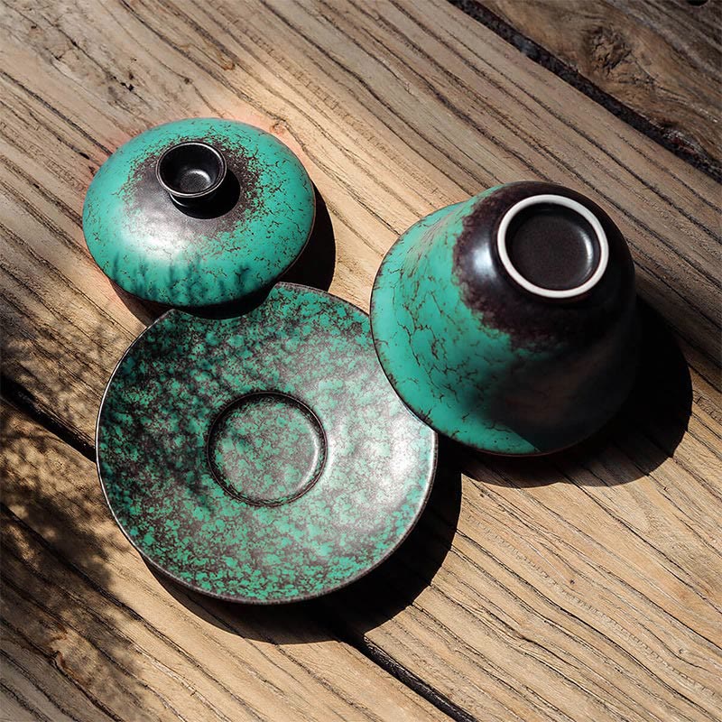 Nimara Ritual Retro Green Glaze Ceramic Gaiwan Sancai Teacup Kung Fu Tea Cup And Saucer With Lid