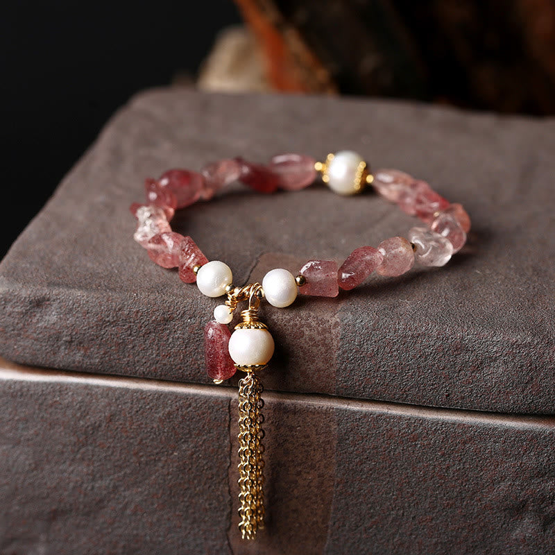 Nimara Ritual Natural Strawberry Quartz Pearl 14k Gold Plated Love Healing Bracelet