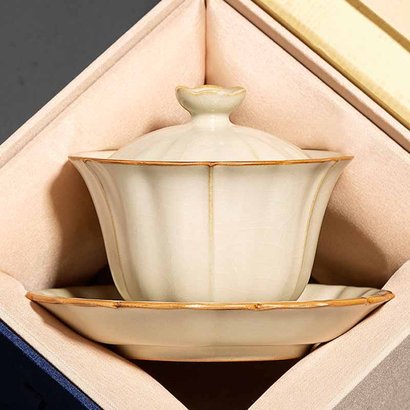 Nimara Ritual Beige Plum Blossom Shape Peach Branch Ceramic Gaiwan Sancai Teacup Kung Fu Tea Cup With Lid