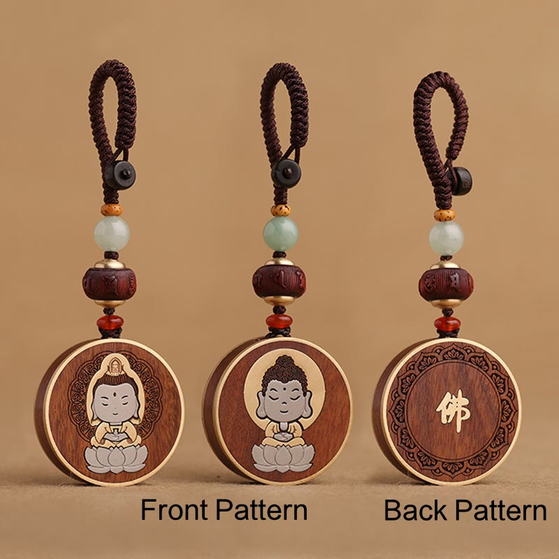 Nimara Ritual Ebony Wood Rosewood Buddha Avalokitesvara Om Mani Padme Hum Balance Car Key Chain Decoration