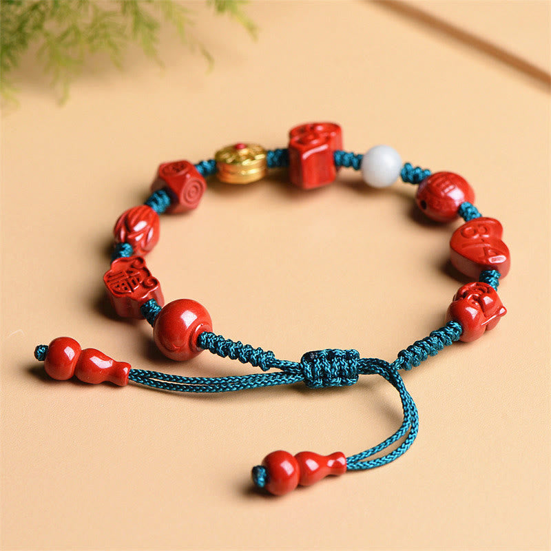 Nimara Ritual Natural Cinnabar Gourd Om Mani Padme Hum Laughing Buddha Blessing String Bracelet
