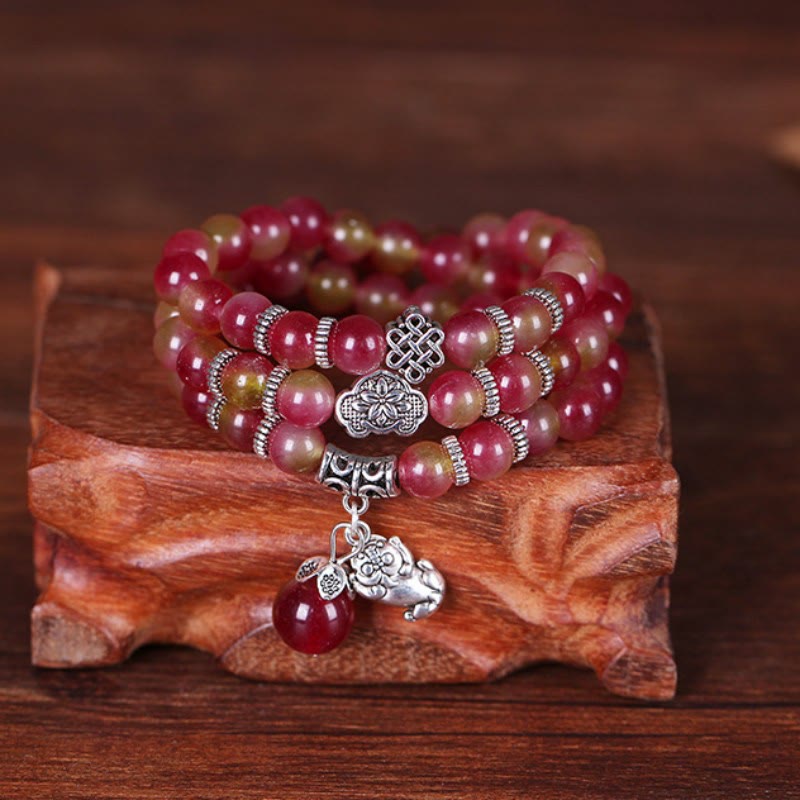 Nimara Ritual Natural Watermelon Tourmaline PiXiu Elephant Positive Triple Wrap Bracelet