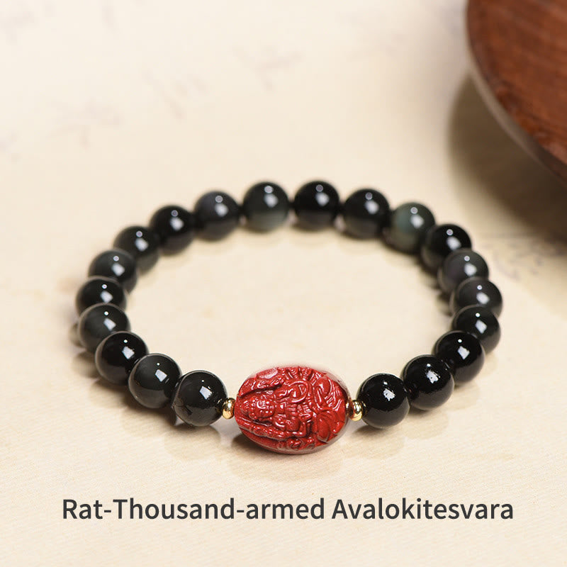 Nimara Ritual Chinese Zodiac Natal Buddha Natural Black Obsidian Cinnabar Purification Bracelet