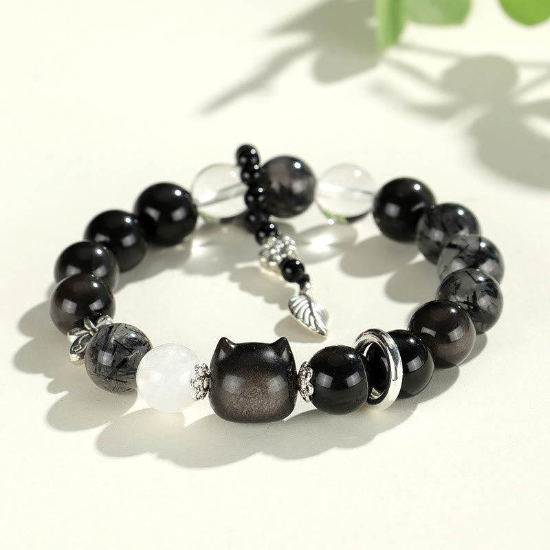 Nimara Ritual Natural Silver Sheen Obsidian Cat Head Fox Planet Protection Bracelet