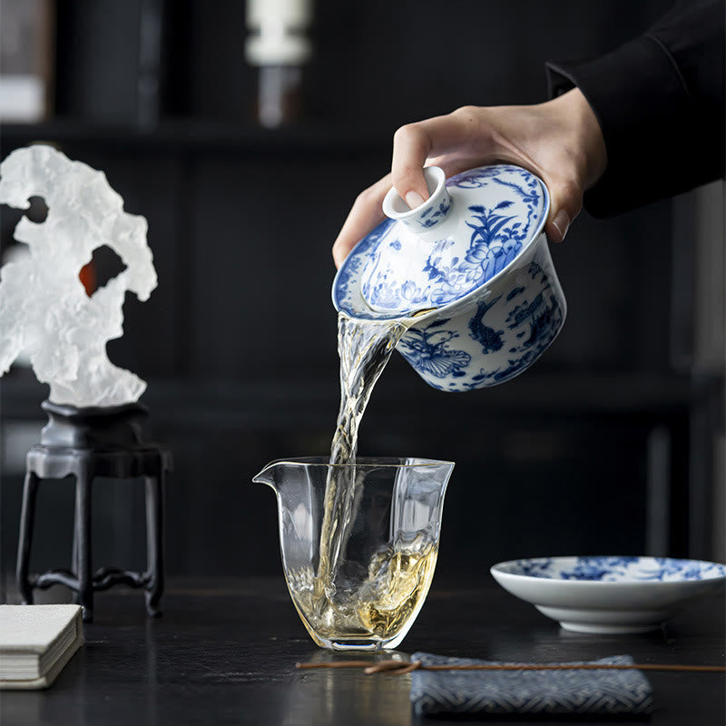 Nimara Ritual Blue And White Porcelain Lotus Koi Fish Lion Dance Watermelon Ceramic Gaiwan Sancai Teacup Kung Fu Tea Cup And Saucer With Lid 300ml