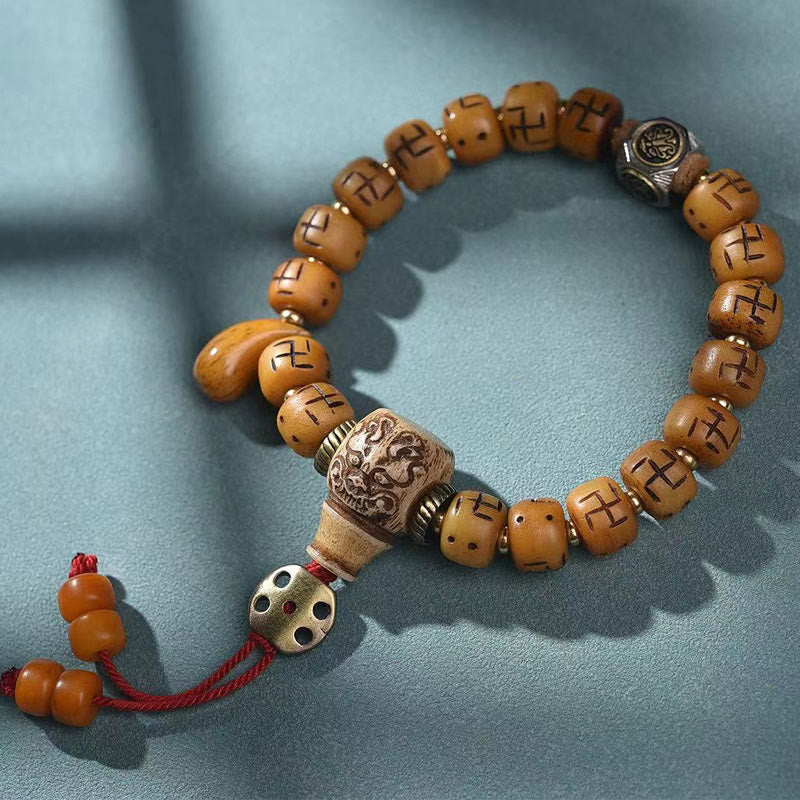 Nimara Ritual Natural Tibetan Camel Bone Swastika Dzi Bead Shankha Buddha Charm Kirtimukha Luck Protection Tassel Bracelet